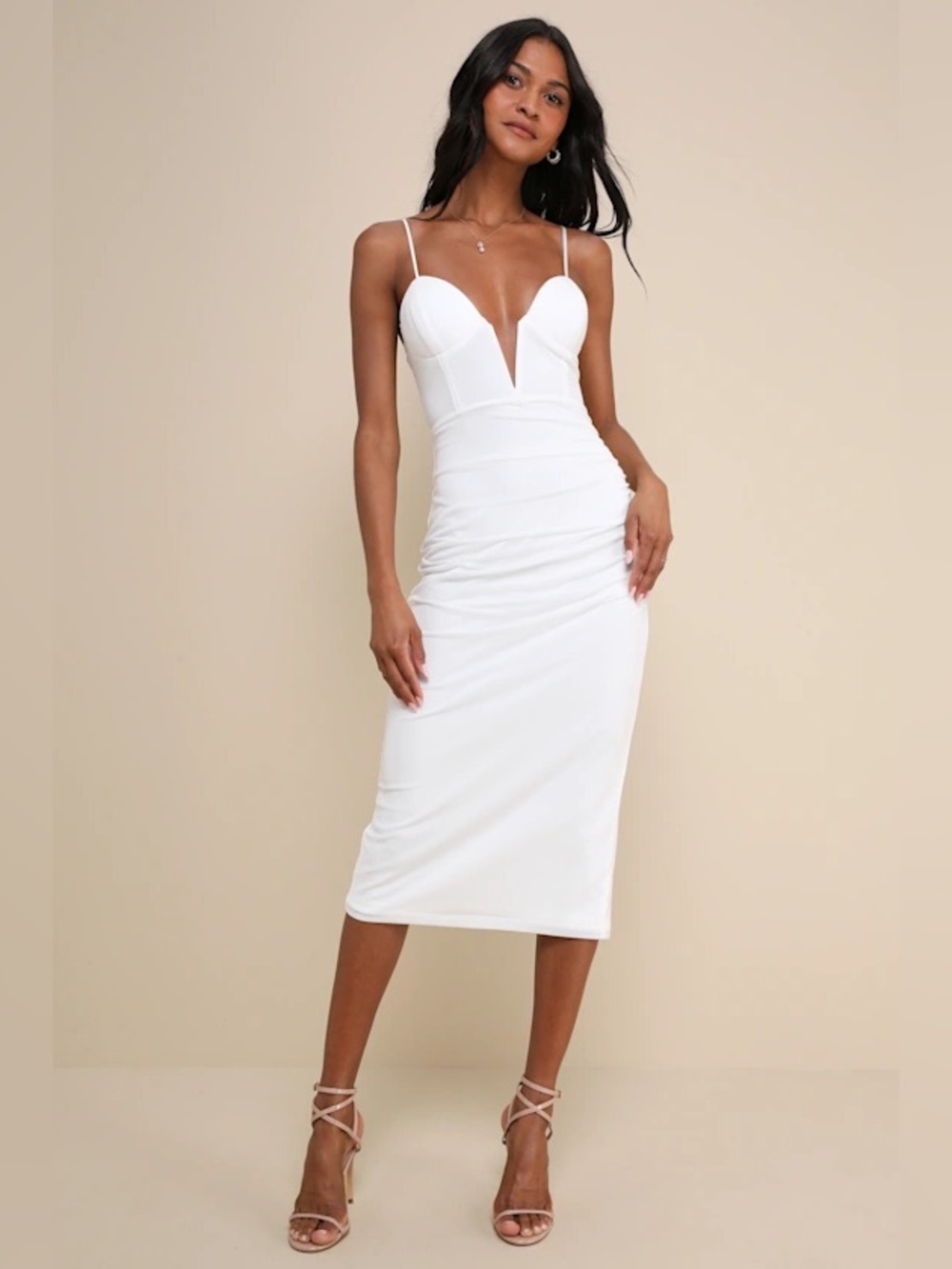 Lulus Uniquely Sophisticated White Bodycon Bustier Midi Dress NEW